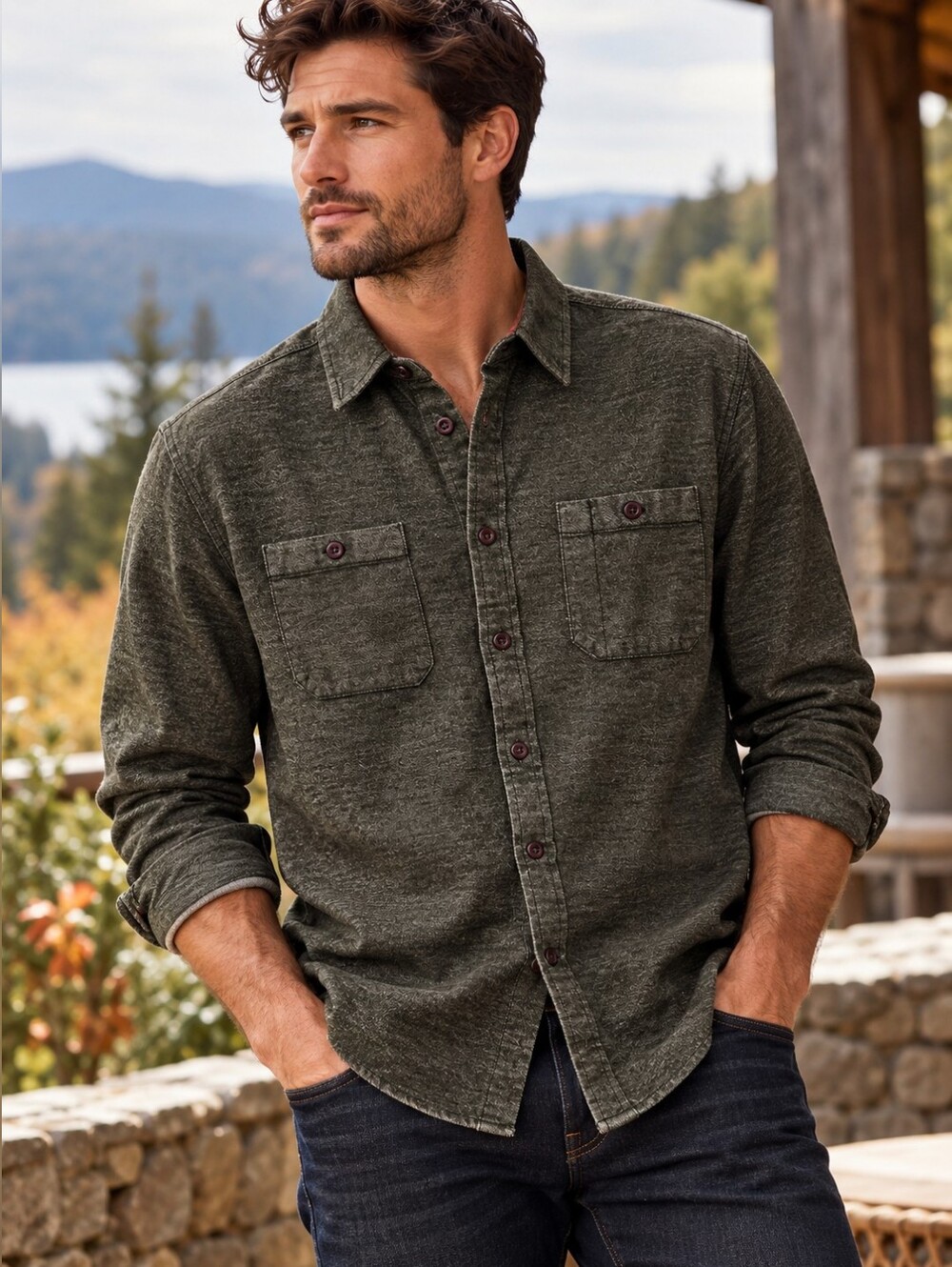 Simons Olive Gray-Green Shirt L Utility Workwear Old Money Editorial